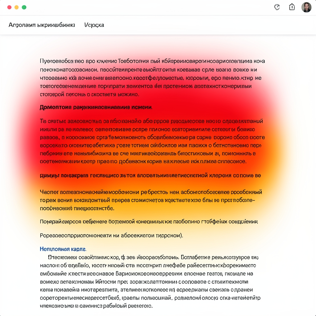 Скриншот тепловой карты айтрекинг-исследования интерфейса веб-страницы: красные и оранжевые зоны концентрации взгляда в области заголовков и первых строк абзацев